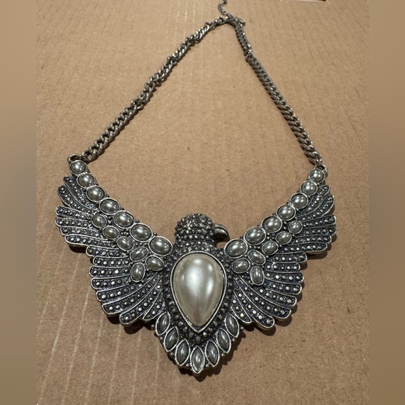 VTG Flying Eagle With Pearls Silver Tone Necklace Pendant Statement Necklace - Picture 10 of 11
